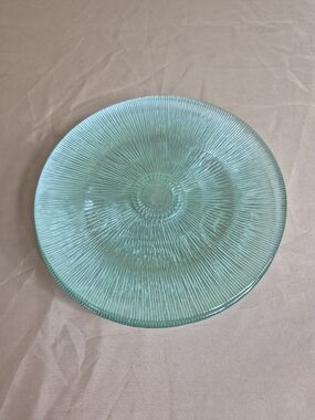 Vintage Green Glass Dinner Plates Ribbed | Radial Sunburst Texture, Set of 6